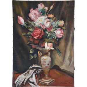 Maurice Retif "bouquet With Gloves" Oil On Canvas 65x50